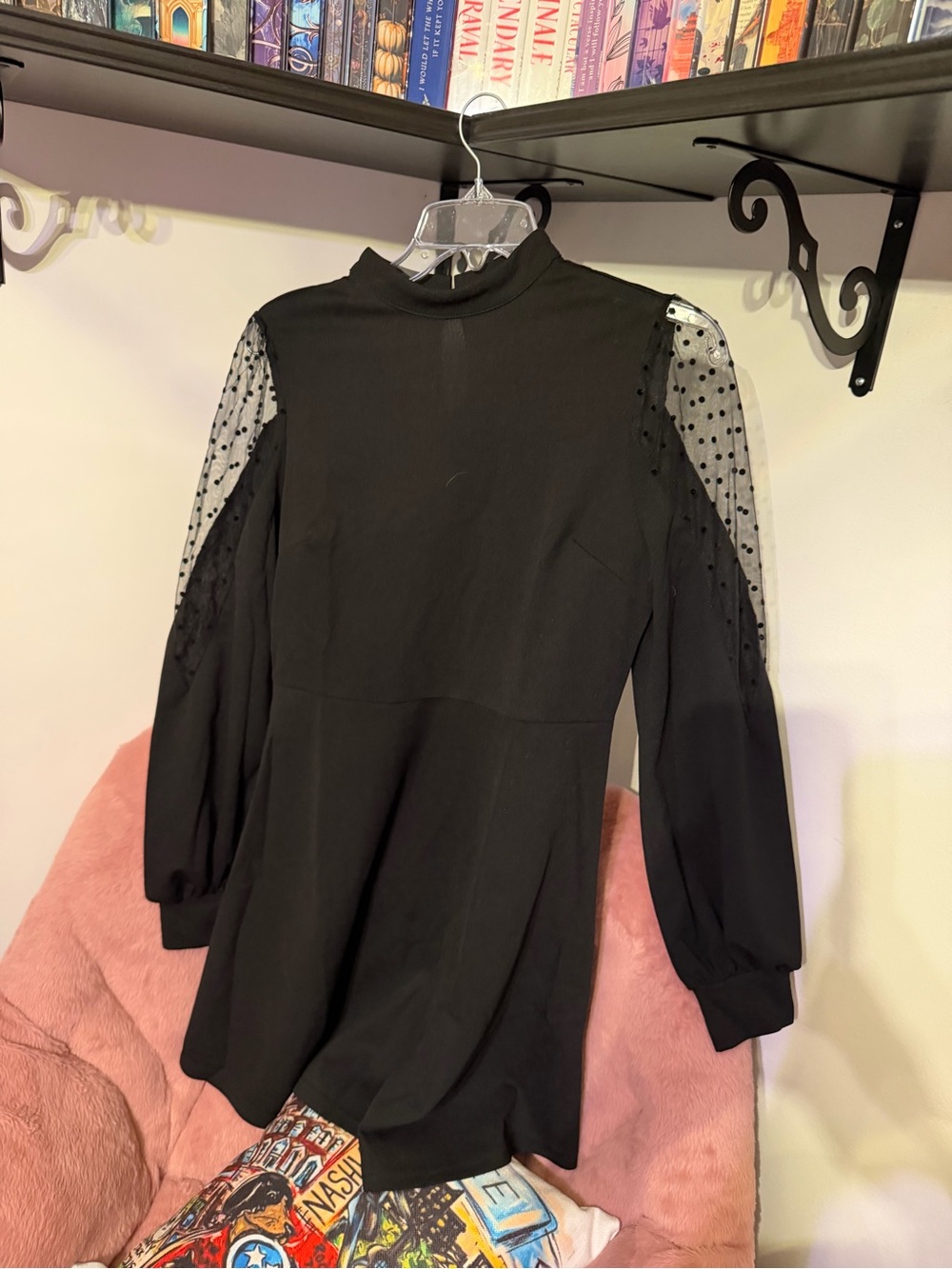 SHEIN Black Mock Neck Mini Dress with Sheer Polka Dot Sleeves